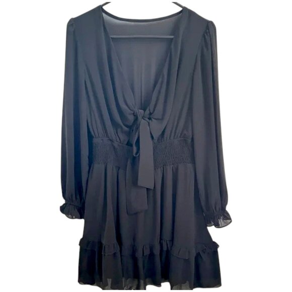 New Elegant Black Tie-Front ruffle Dress w chiffon overlay black size small - Picture 2 of 9